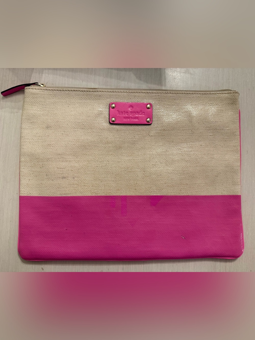 kate spade Cream Natural Hot Pink Coated Waxed Canvas Pouch Clutch Floral Preppy